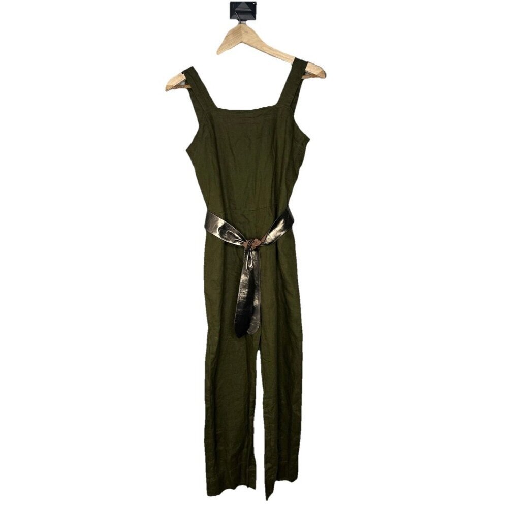 Quince Womens 100% European Linen Square Neck Jumpsuit Martini Olive Small